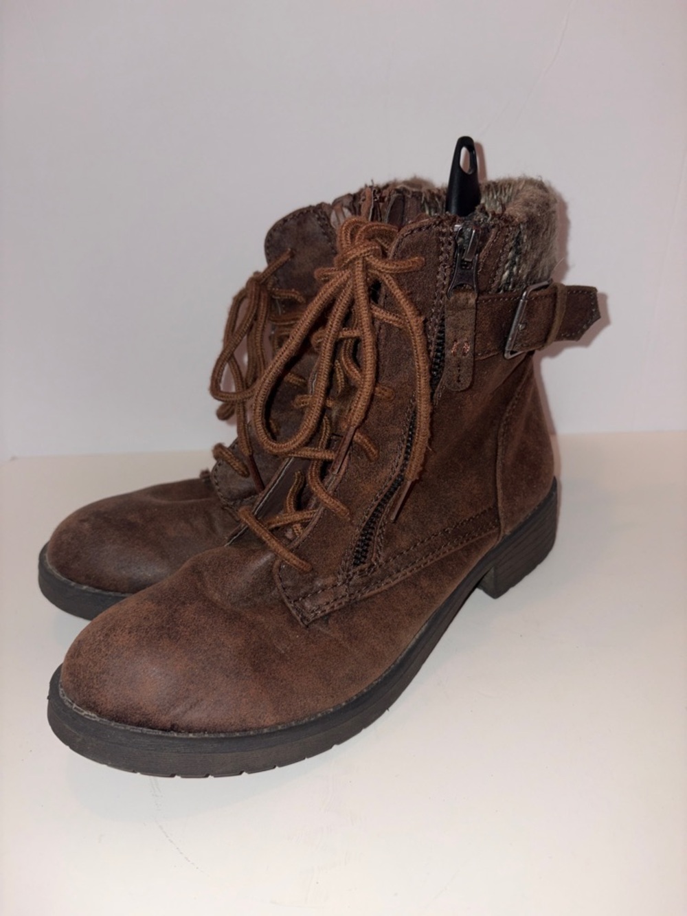 Faded Glory Brown Lace-Up Faux-Suede Ankle Boots with Buckle